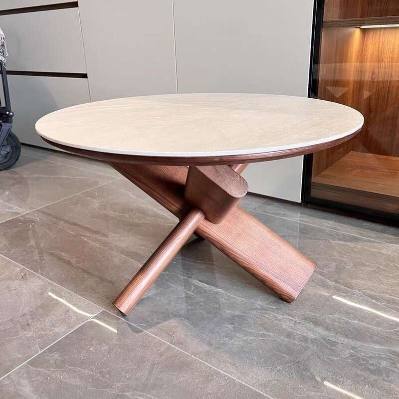 Meja kopi, papan batu, kayu padu, dowel bulat dan asas abu putih, ruang tamu, meja kopi rumah.