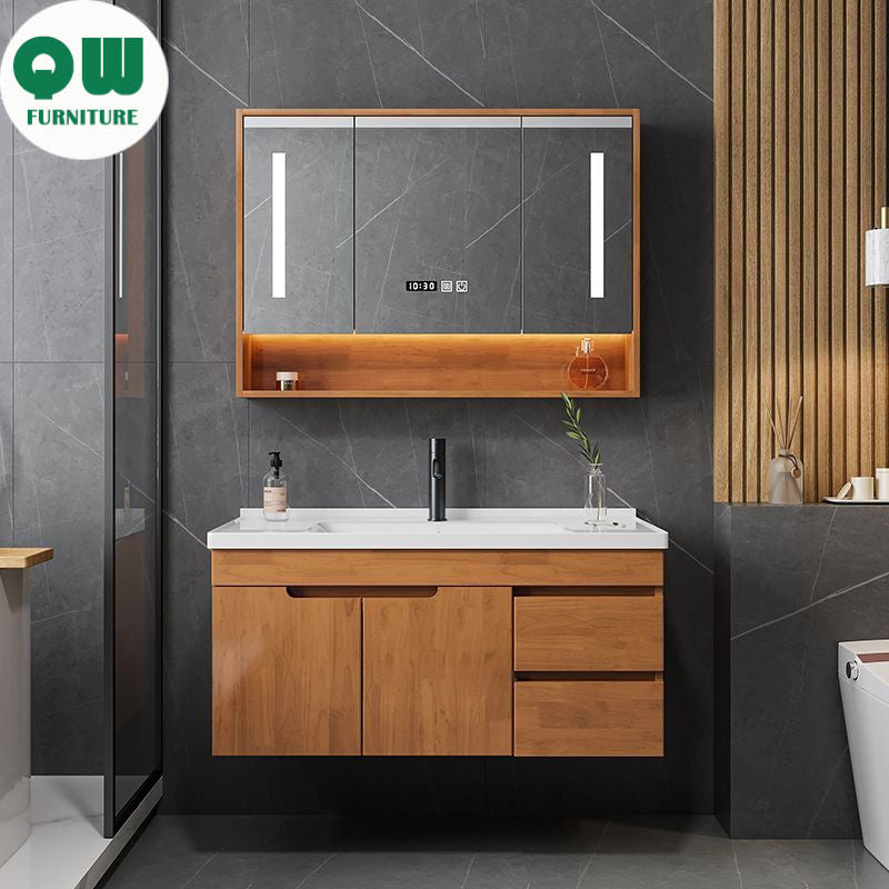 QW- Solid Wood Storage Smart Glass Cabinet Bathroom Sink
