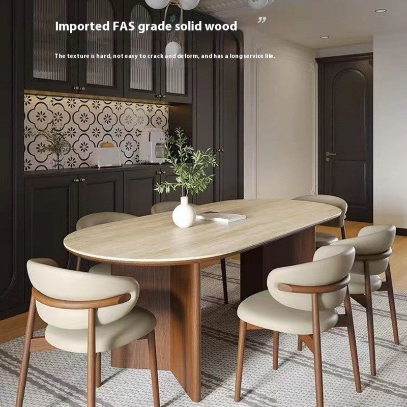 Meja makan gua batu kayu padu gaya Eropah menyokong sepenuhnya reka bentuk yang ringan dan elegan yang sesuai untuk ruang tamu.
