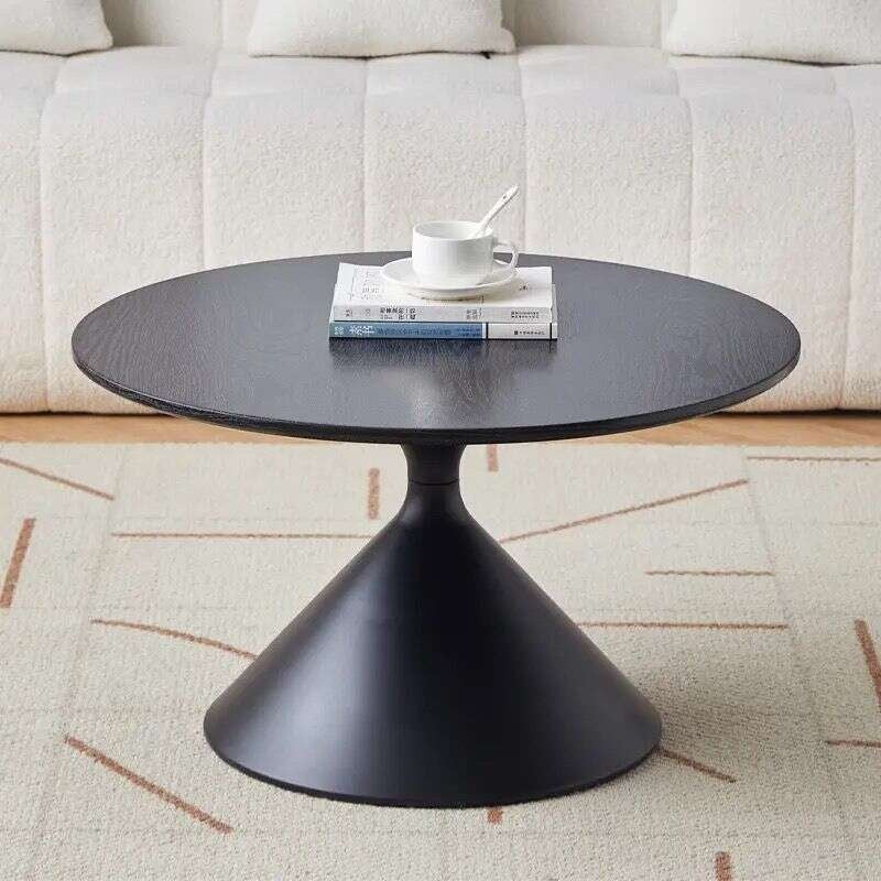 Meja teh kayu padu, gaya Nordik, untuk ruang tamu rumah, reka bentuk campuran, moden, ringkas, bentuk bulat.