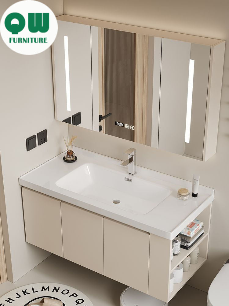 QW- Set kabinet kayu asli dengan cermin pintar dan sinki bilik mandi. 