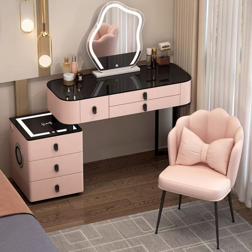 Kabinet Solek Kayu Asli Pintar, Pengecasan Tanpa Wayar, Gaya Nordik Elegan untuk Bilik Tidur Meja solek moden yang ringkas Boleh berfungsi dalam pelbagai cara