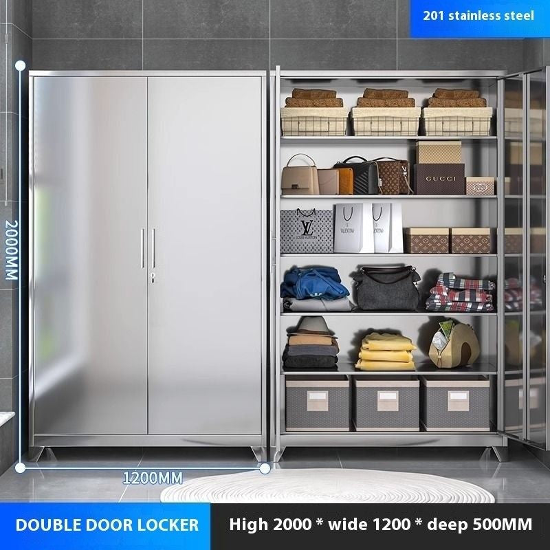 Stainless Steel Wardrobe Home Bedroom Sliding Door Hanging Closet High Capacity Storage Cabinet Balcony All In One Locker