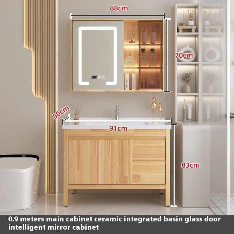 Set Singki Cermin Pintar Kabinet Penyimpanan Kayu Oak QW- di Bilik Mandi 