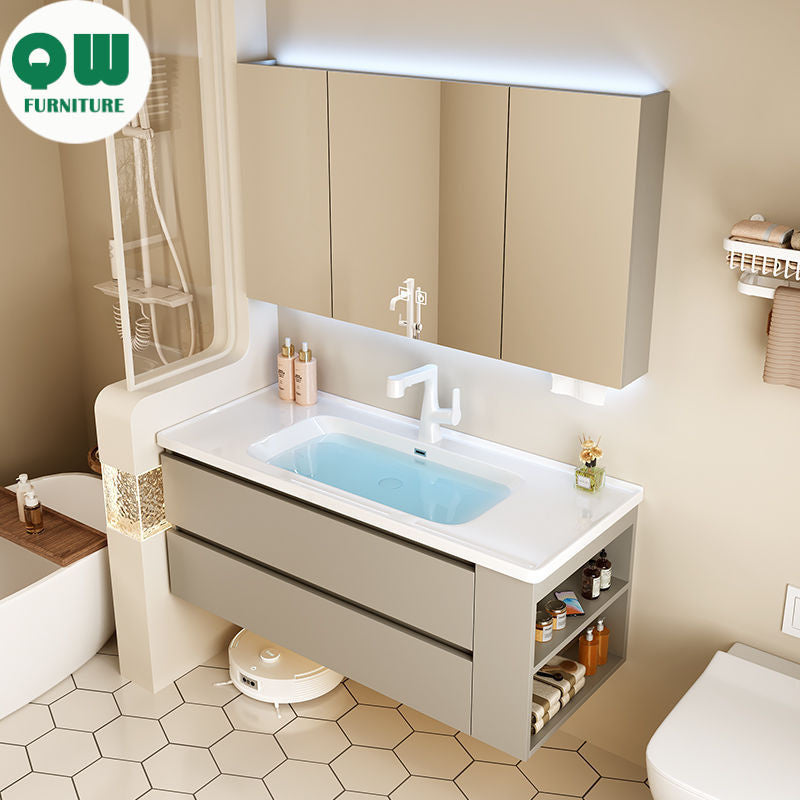 QW- Gray Solid Wood Storage Smart Mirror Cabinet Bathroom Ceramic Basin