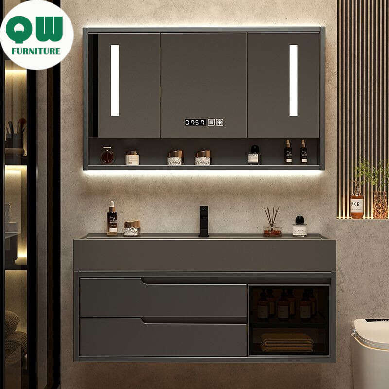 Set Kabinet Penyimpanan Kayu Asli QW- Cermin Pintar di Sinki Bilik Mandi 