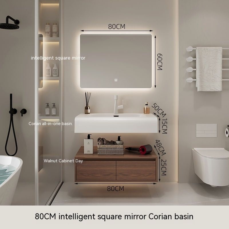 QW- Cermin Pintar daripada Kayu Walnut dengan Singki Bersepadu dan Kabinet Penyimpanan Bilik Mandi 
