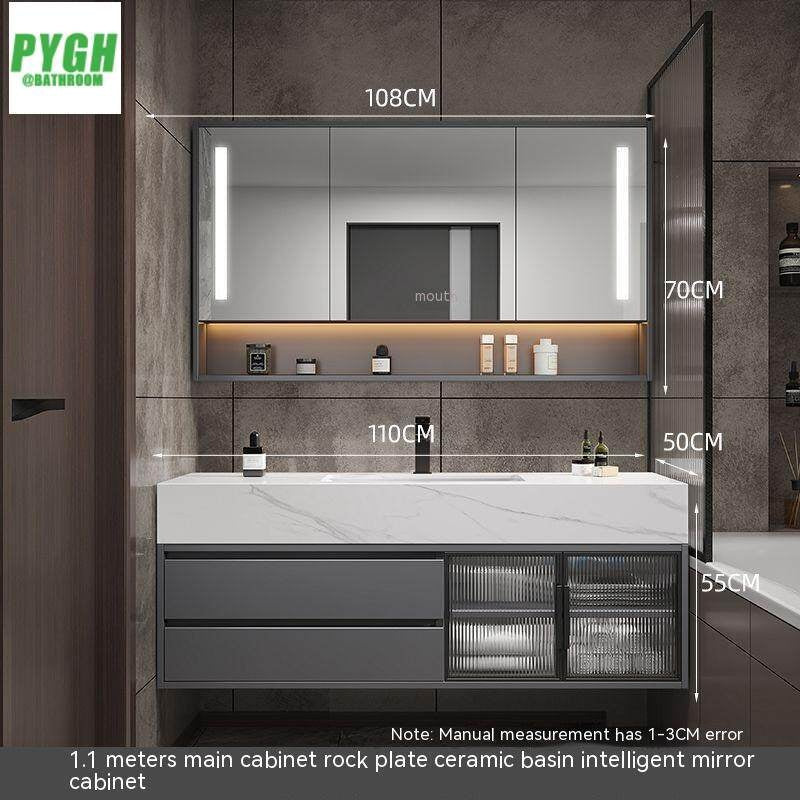 QW- Set Besen Besar dengan Cermin Pintar dan Kabinet Penyimpanan Kayu Asli untuk Bilik Mandi 