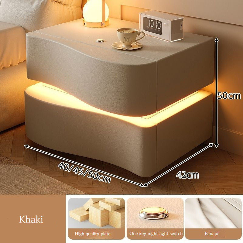 Cream Style Table, Home Bedside Storage Cabinet, Modern Solid Wood Bedroom, Smart Belt Light