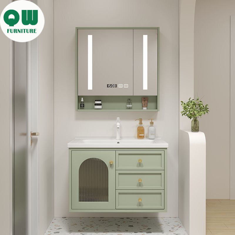 QW- Solid Wood Storage Smart Glass Cabinet Bathroom Ceramic Basin