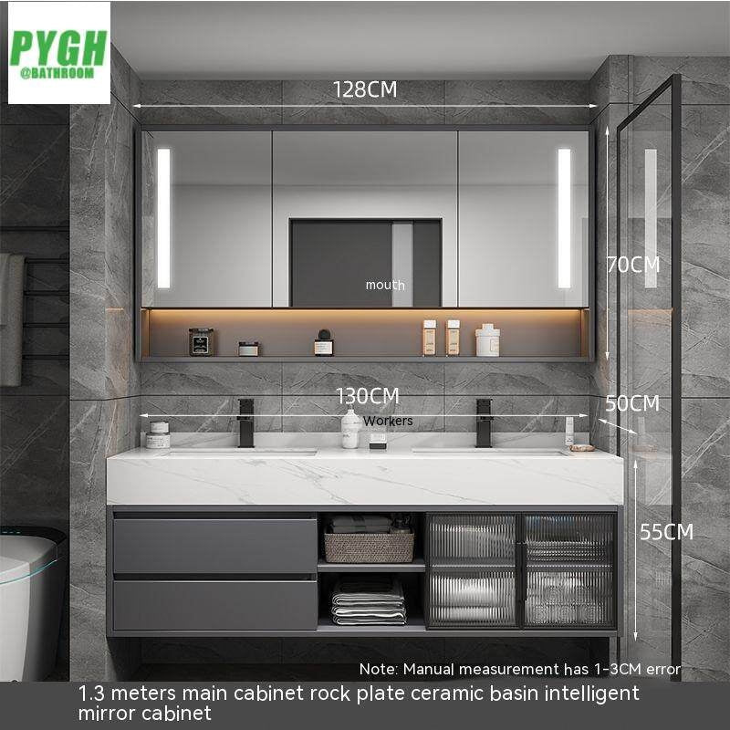 QW- Set Besen Besar dengan Cermin Pintar dan Kabinet Penyimpanan Kayu Asli untuk Bilik Mandi 