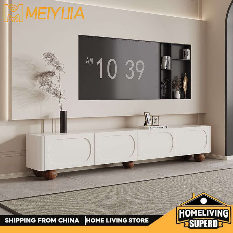 Kabinet Kayu Padu Gaya Krim Meja kopi moden yang ringkas Set kabinet TV berdiri di lantai