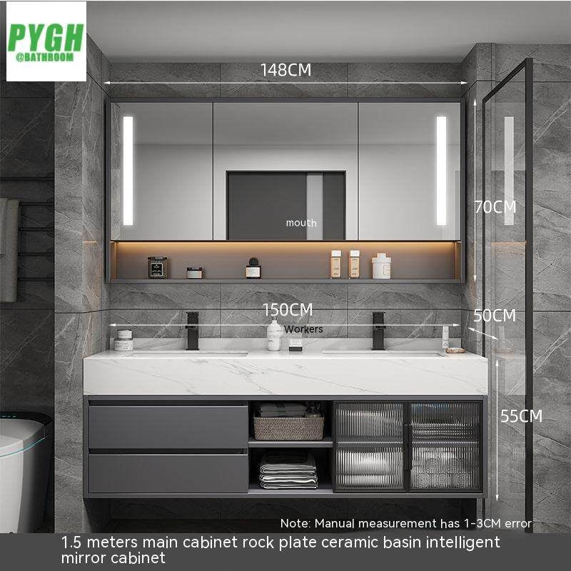QW- Set Besen Besar dengan Cermin Pintar dan Kabinet Penyimpanan Kayu Asli untuk Bilik Mandi 