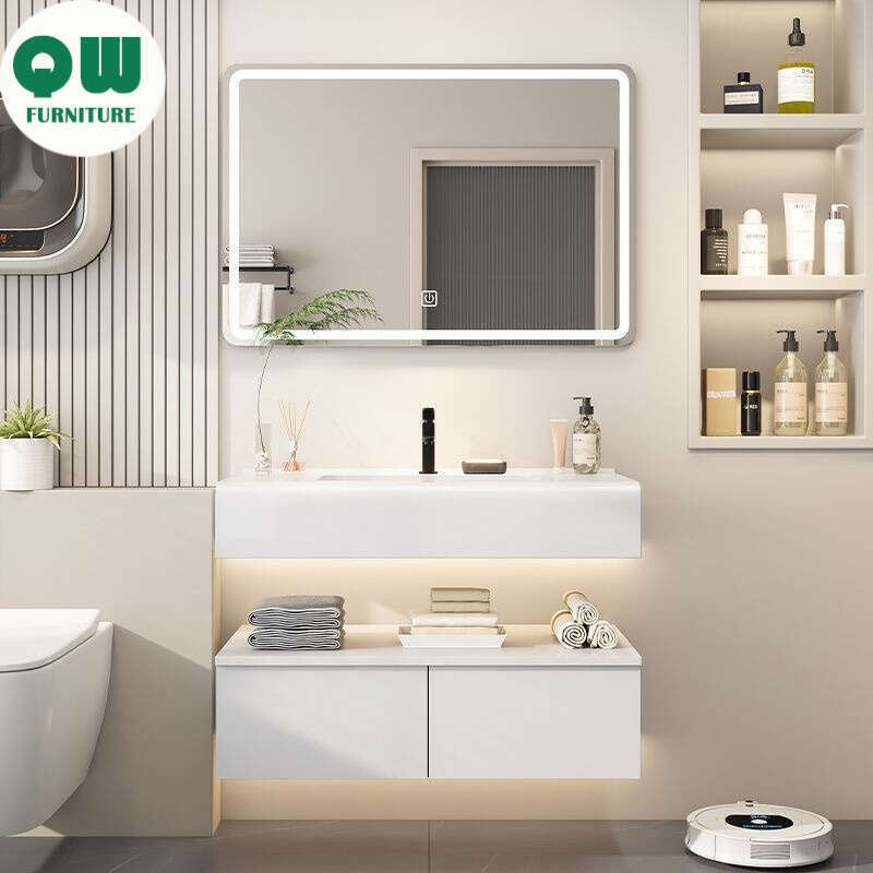 QW- Kabinet simpanan kayu asli cermin pintar di bilik mandi, sinki bilik mandi 