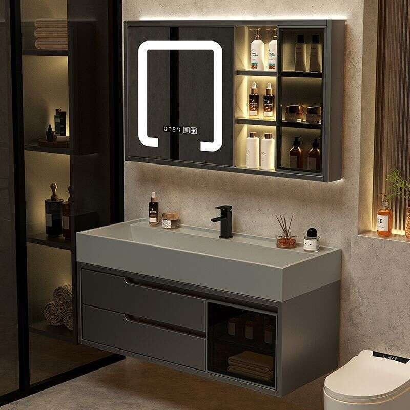 Set Kabinet Penyimpanan Kayu Asli QW- Cermin Pintar di Sinki Bilik Mandi 