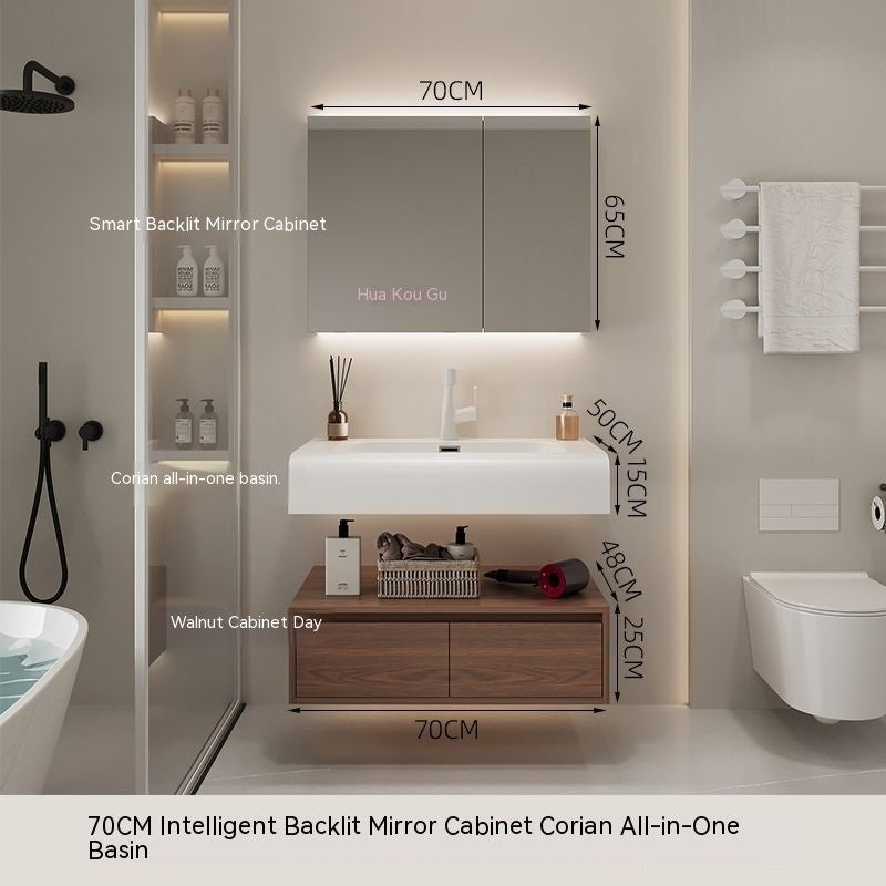 QW- Cermin Pintar daripada Kayu Walnut dengan Singki Bersepadu dan Kabinet Penyimpanan Bilik Mandi 