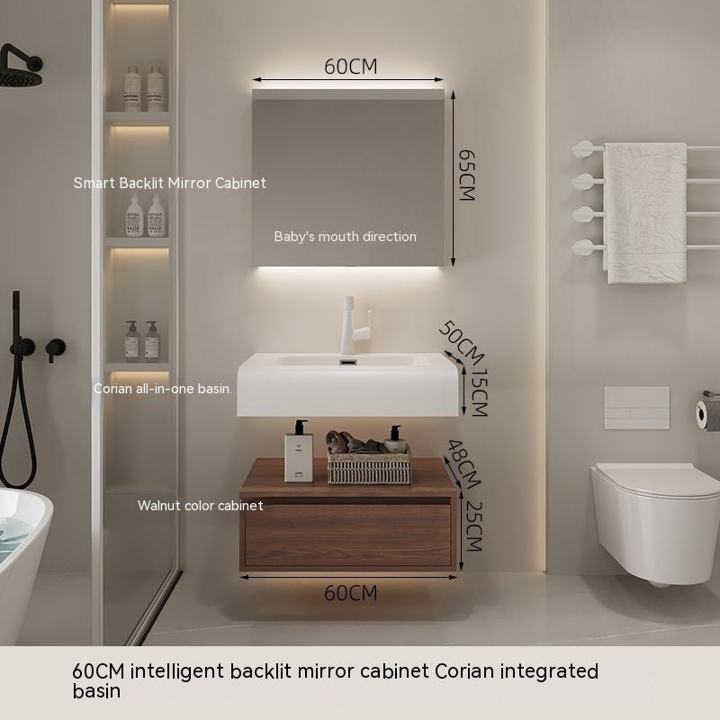 QW- Cermin Pintar daripada Kayu Walnut dengan Singki Bersepadu dan Kabinet Penyimpanan Bilik Mandi 