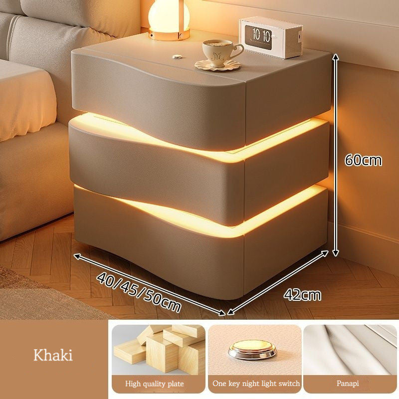 Cream Style Table, Home Bedside Storage Cabinet, Modern Solid Wood Bedroom, Smart Belt Light
