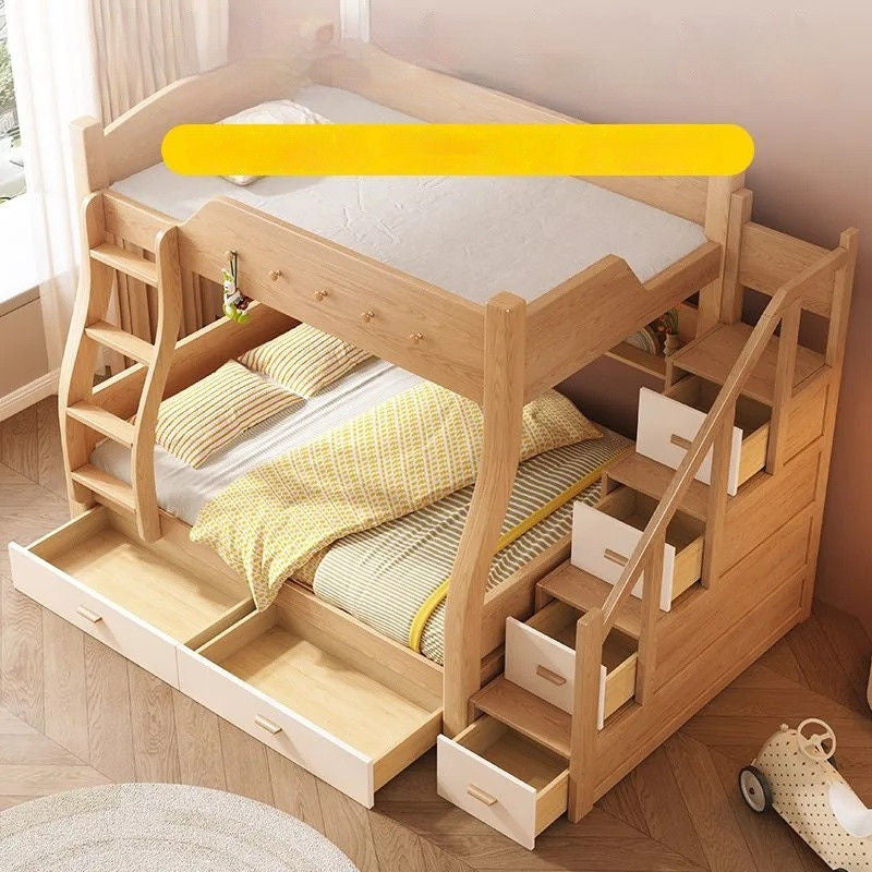 Thickened Wooden Double Upper and Lower Beds, Children's Solid Wood Bed, Multi-purpose, High-low, Includes Parent Bed