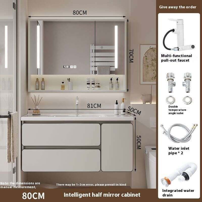QW- Kabinet simpanan kayu asli cermin pintar di bilik mandi, sinki bilik mandi 