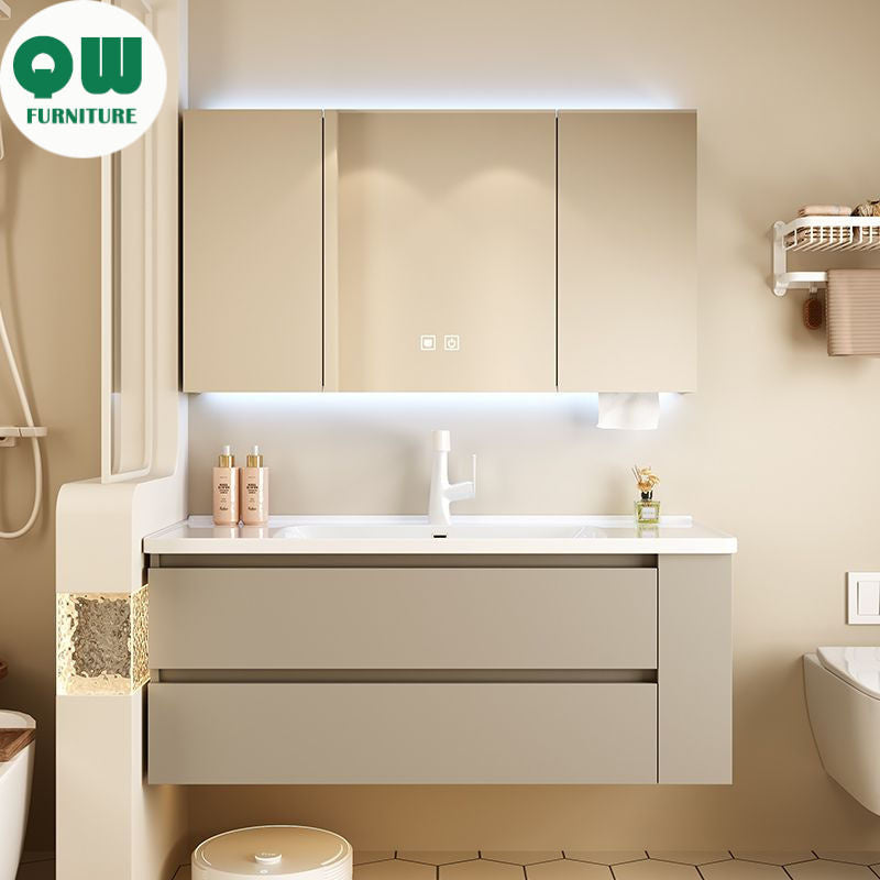 QW- Gray Solid Wood Storage Smart Mirror Cabinet Bathroom Ceramic Basin