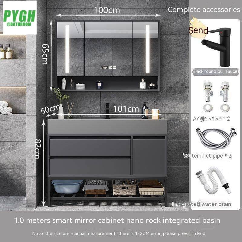 QW- Floor-mounted Basin Smart Mirror Real Wood Storage Cabinet in Bathroom
