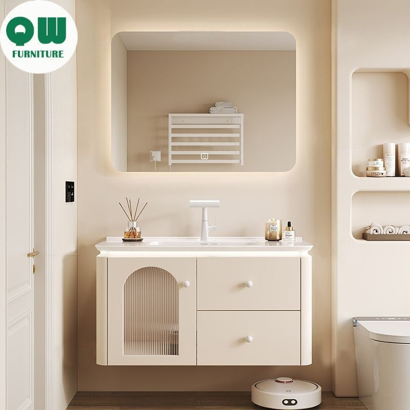 QW- Cream Color Storage Smart Mirror Cabinet Bathroom Sink Set