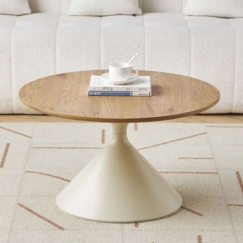 Meja teh kayu padu, gaya Nordik, untuk ruang tamu rumah, reka bentuk campuran, moden, ringkas, bentuk bulat.