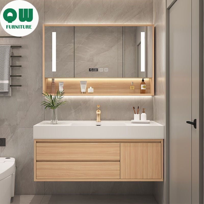 QW- Smart Solid Wood Mirror Bathroom Storage Cabinet Sink Set
