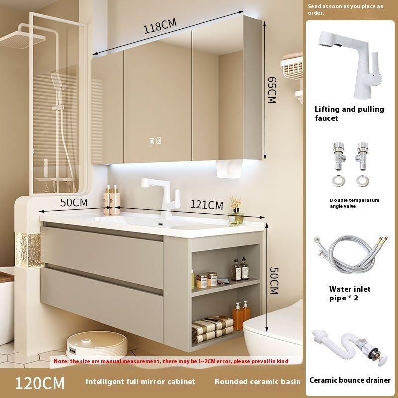 QW- Gray Solid Wood Storage Smart Mirror Cabinet Bathroom Ceramic Basin