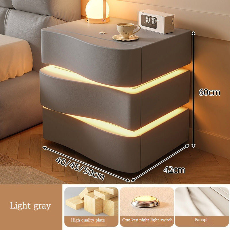 Cream Style Table, Home Bedside Storage Cabinet, Modern Solid Wood Bedroom, Smart Belt Light