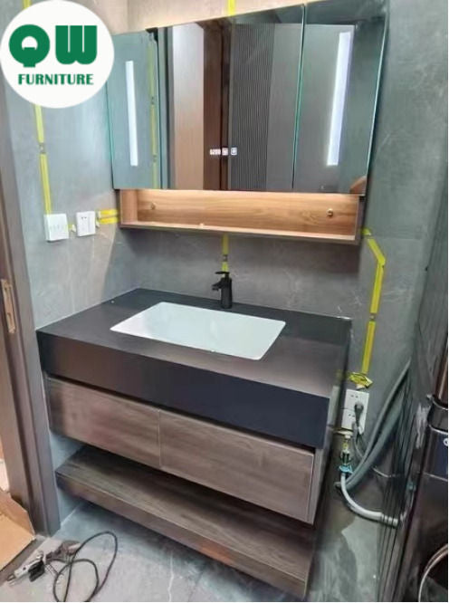 QW- Custom-made Bathroom storage made from real wood, bathroom sink set, and smart mirror cabinet in the bathroom.
