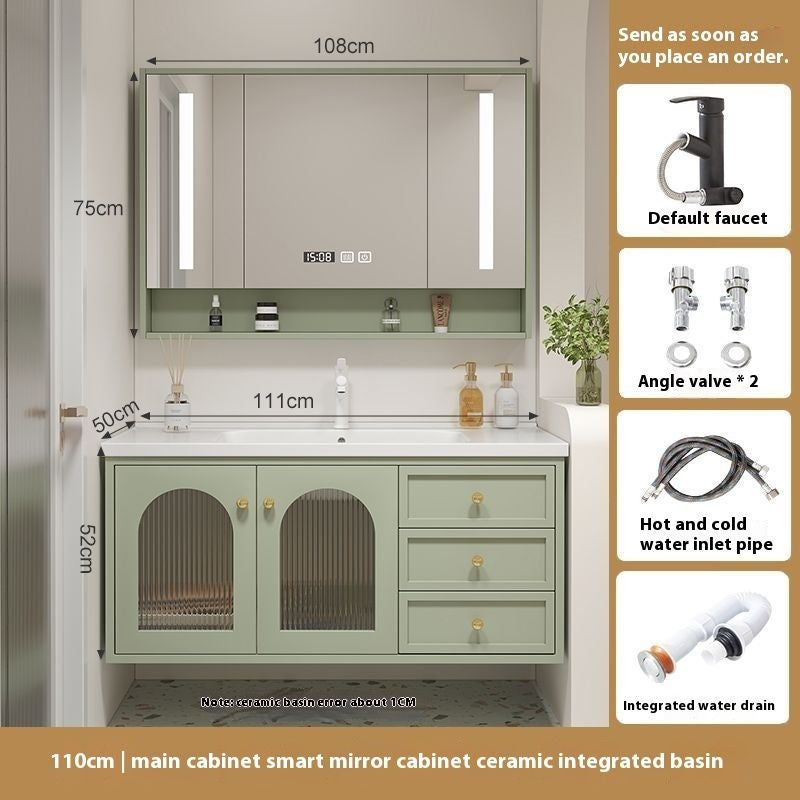 QW- Solid Wood Storage Smart Glass Cabinet Bathroom Ceramic Basin