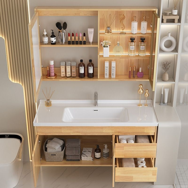 Set Singki Cermin Pintar Kabinet Penyimpanan Kayu Oak QW- di Bilik Mandi 