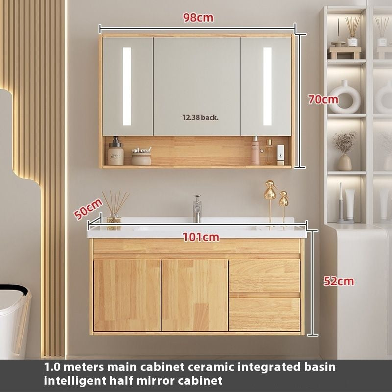 Set Singki Cermin Pintar Kabinet Penyimpanan Kayu Oak QW- di Bilik Mandi 