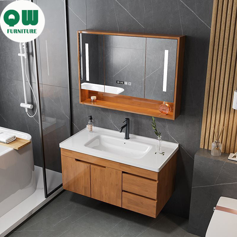 QW- Solid Wood Storage Smart Glass Cabinet Bathroom Sink