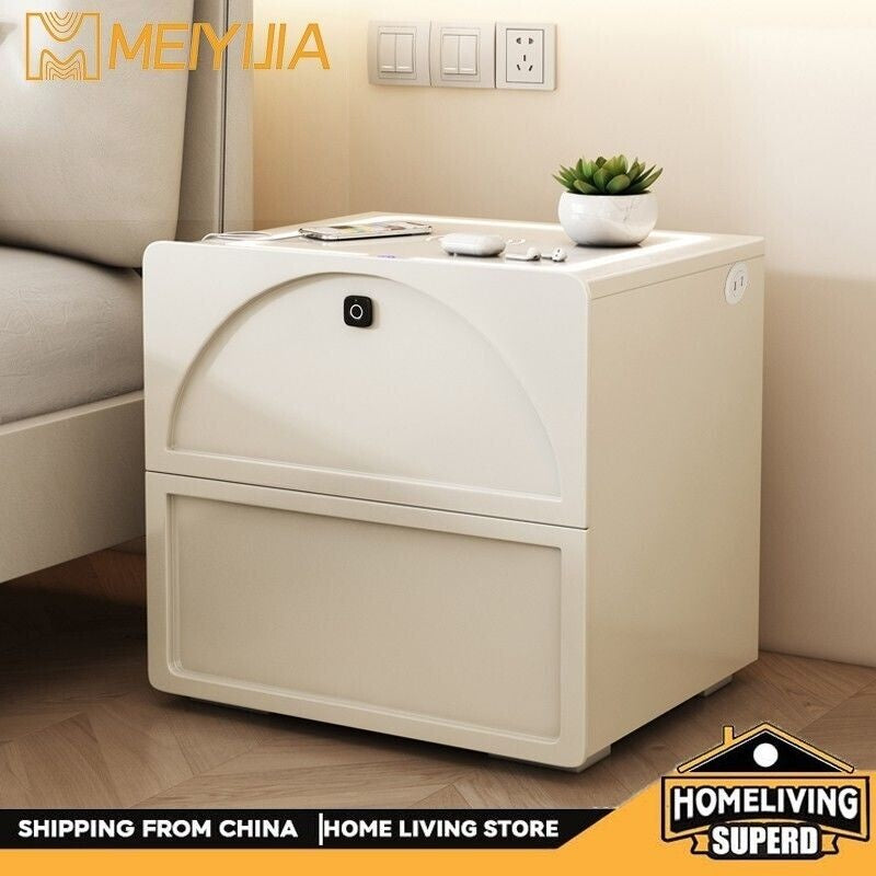 Meja Sisi Katil Smart Cream Wind dengan Kunci Kayu Padu Kabinet Serbaguna Bilik Tidur Moden Ringkas
