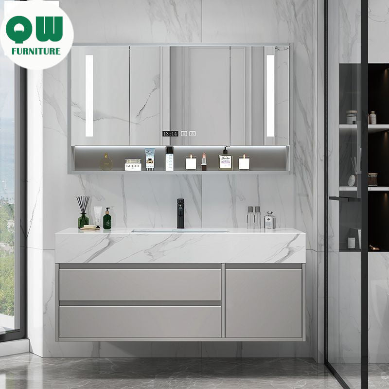 QW- Marble Solid Wood Basin Set Integrated Bathroom Storage Cabinet