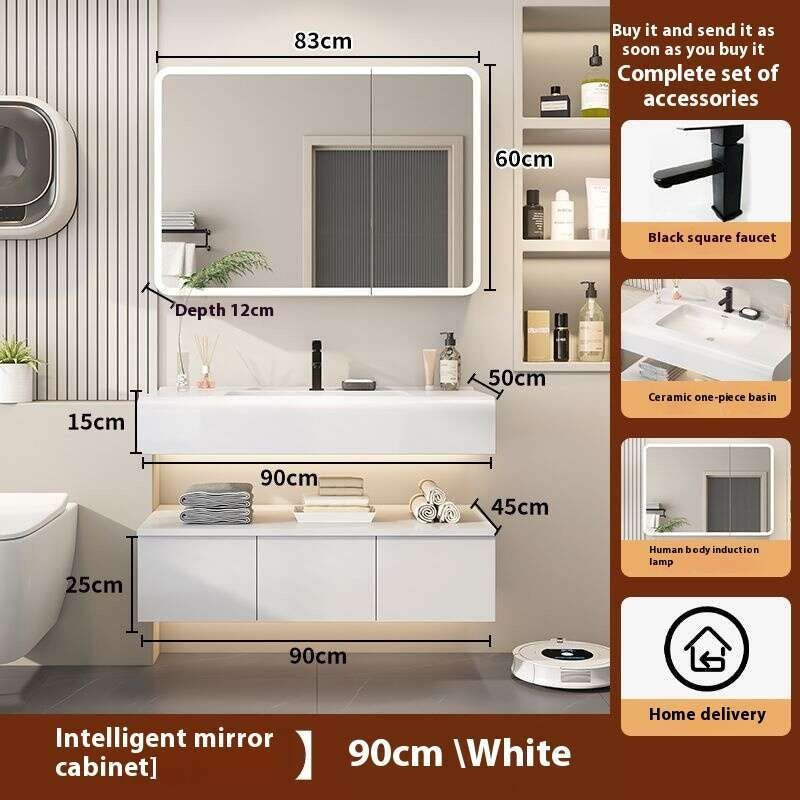 QW- Kabinet simpanan kayu asli cermin pintar di bilik mandi, sinki bilik mandi 