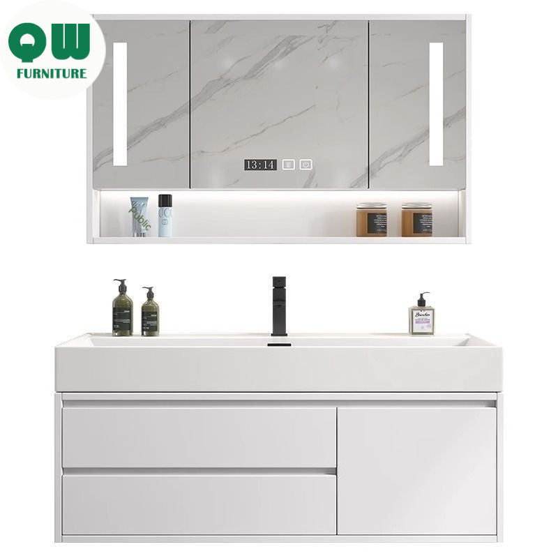 QW- White Sink Smart Glass Cabinet, Real Wood Bathroom Storage Cabinet
