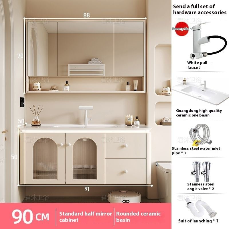 QW- Cream Color Storage Smart Mirror Cabinet Bathroom Sink Set