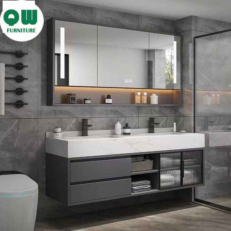 QW- Set Besen Besar dengan Cermin Pintar dan Kabinet Penyimpanan Kayu Asli untuk Bilik Mandi 