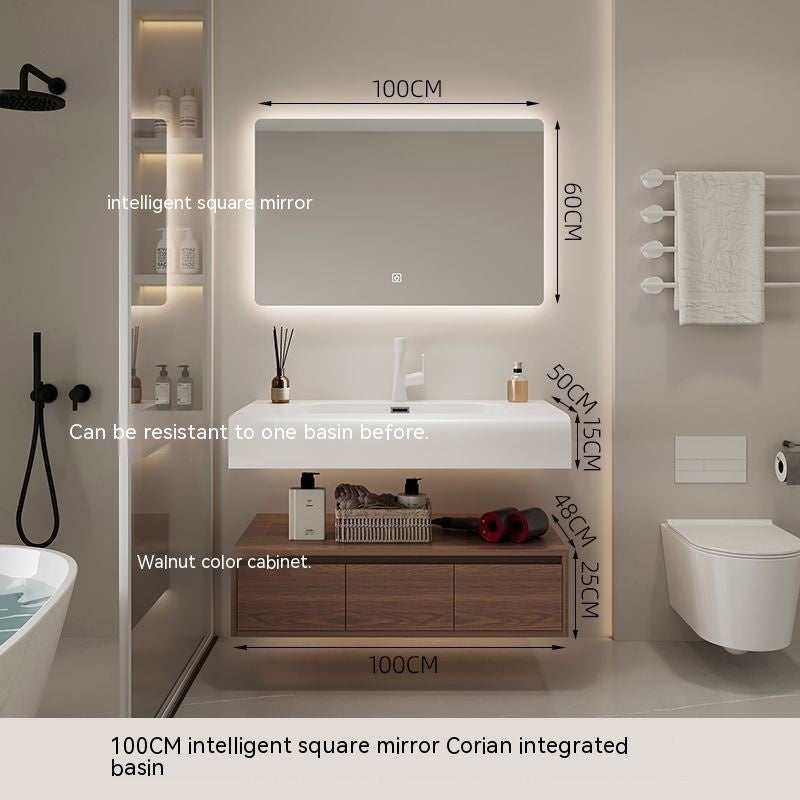 QW- Cermin Pintar daripada Kayu Walnut dengan Singki Bersepadu dan Kabinet Penyimpanan Bilik Mandi 