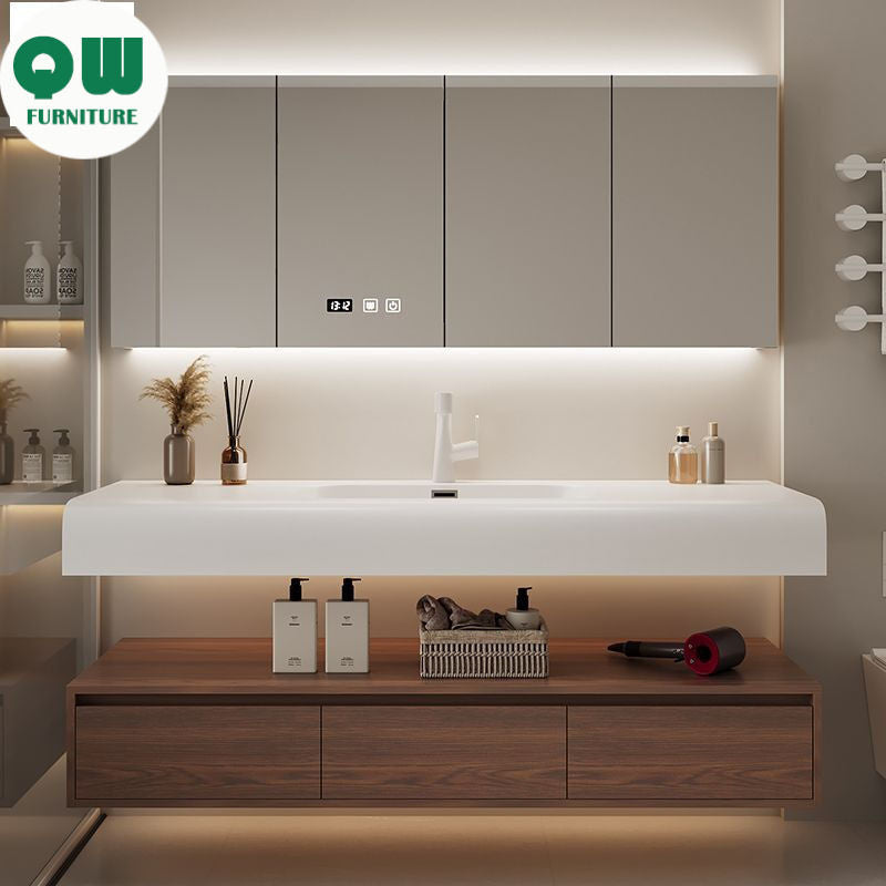 QW- Cermin Pintar daripada Kayu Walnut dengan Singki Bersepadu dan Kabinet Penyimpanan Bilik Mandi 