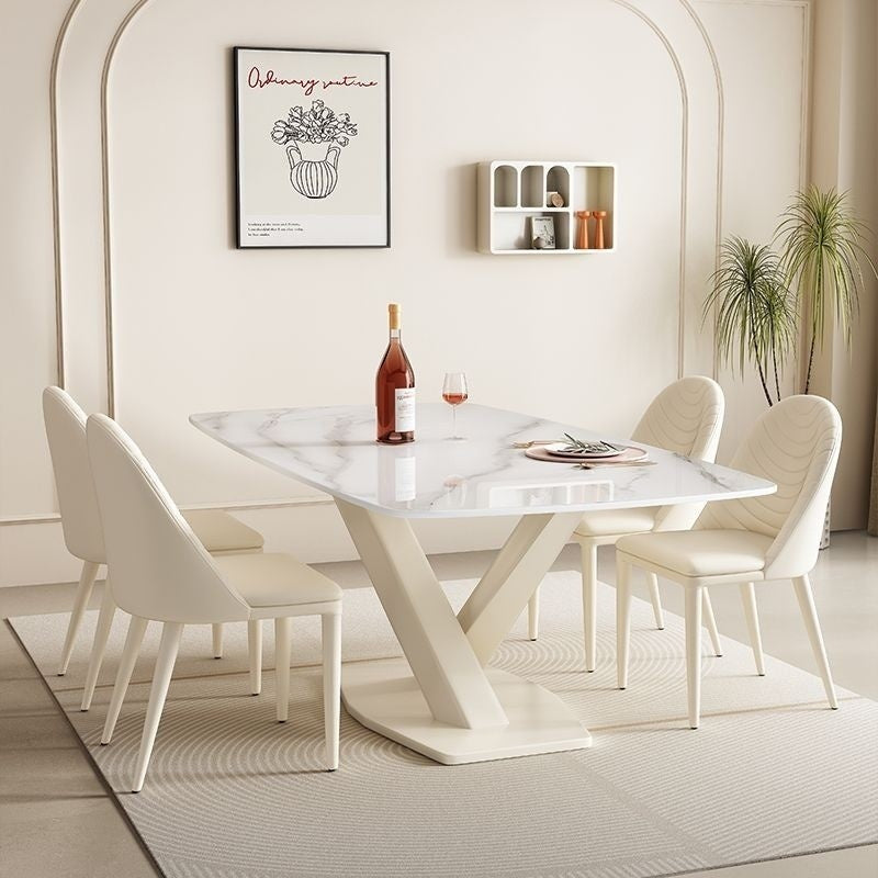 Modern Cream White Stone Table Set with Chairs - Stylish Home Dining Solution