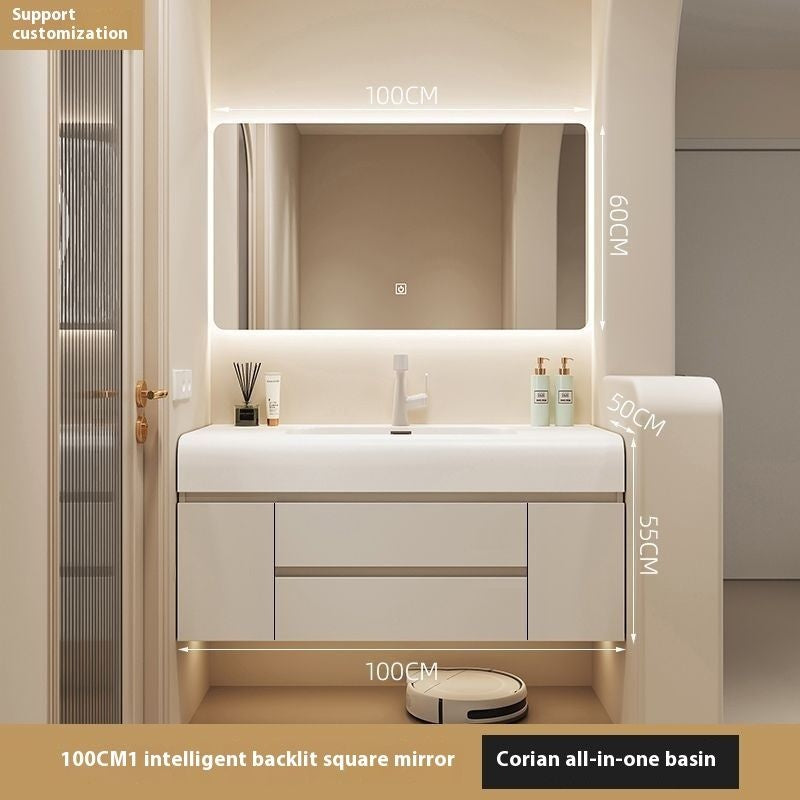 QW- Cream Color Storage Smart Glass Cabinet Bathroom Stone Basin