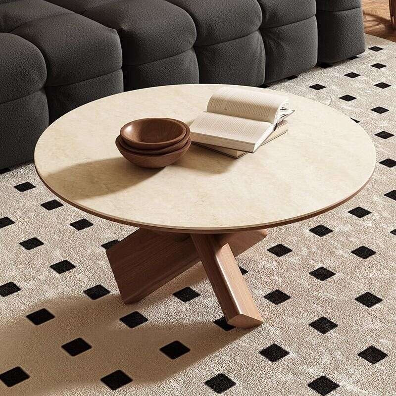 Meja kopi, papan batu, kayu padu, dowel bulat dan asas abu putih, ruang tamu, meja kopi rumah.
