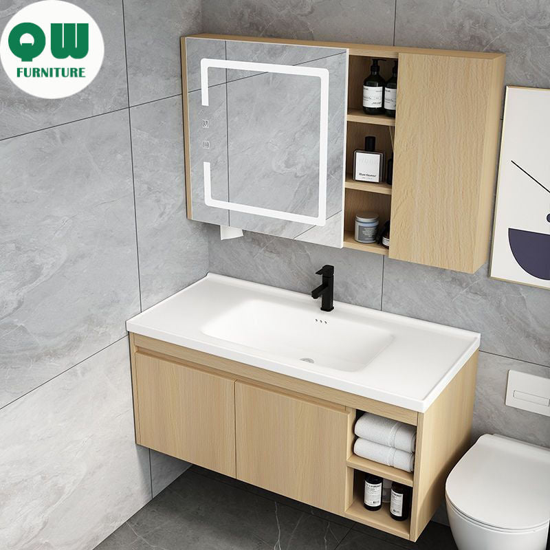 QW- Set kabinet kayu asli dengan sinki dan cermin pintar bilik mandi. 