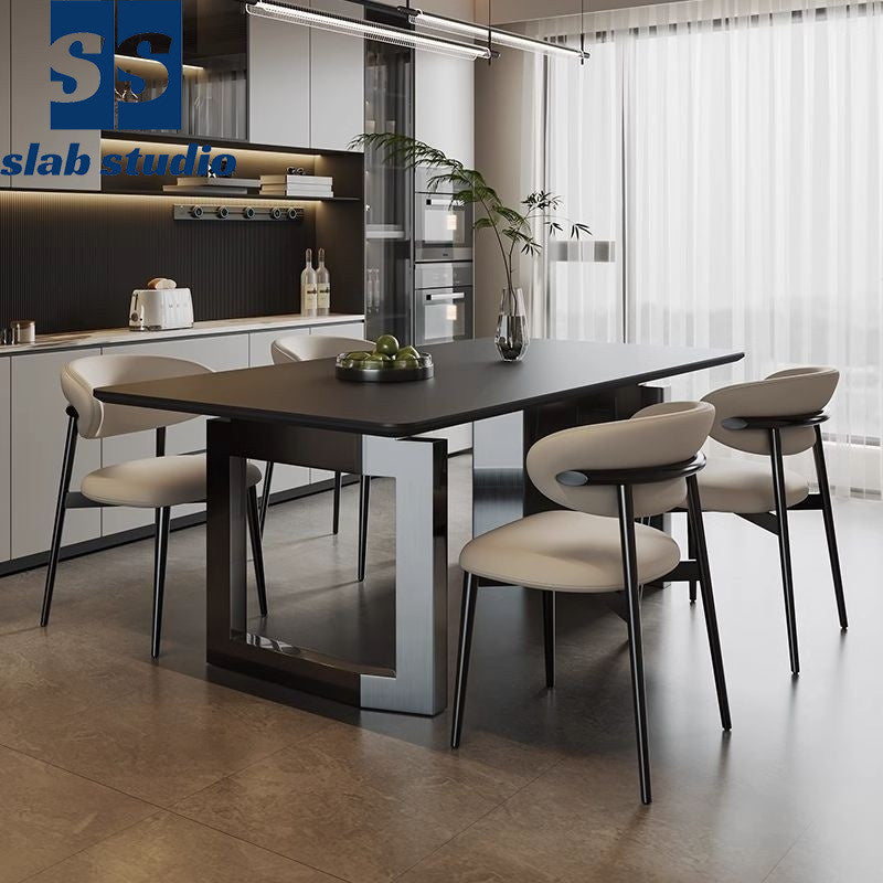 Minimalist Italian Granite Dining Table Rectangular Carbon Steel Edge with Full Support Base