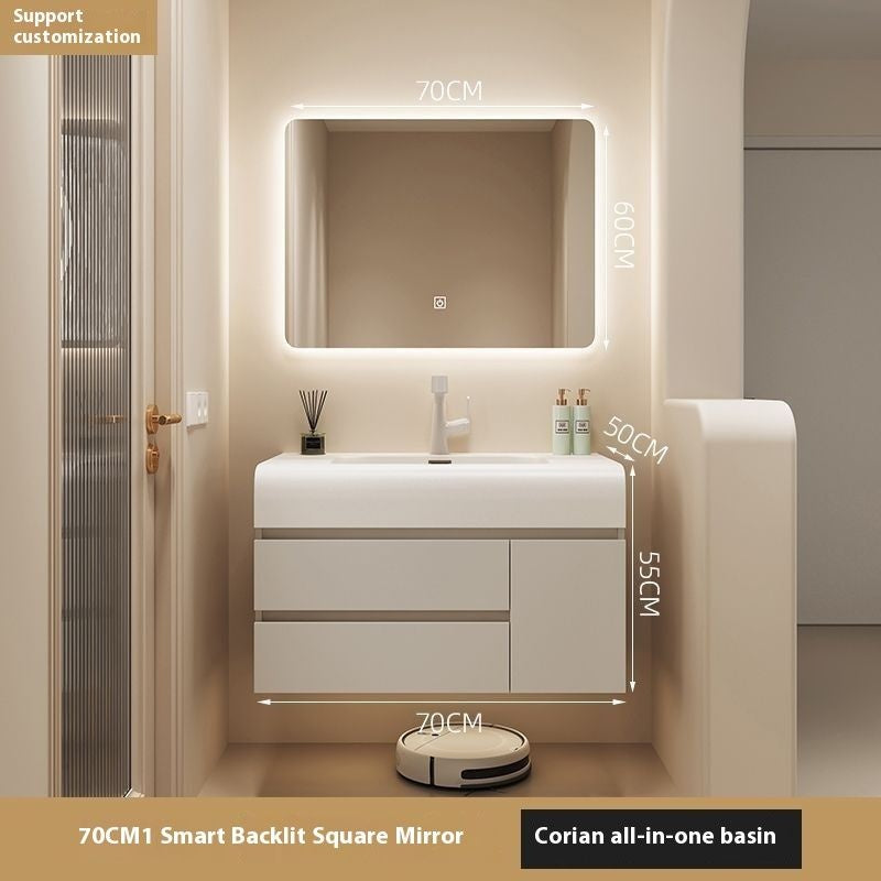 QW- Cream Color Storage Smart Glass Cabinet Bathroom Stone Basin
